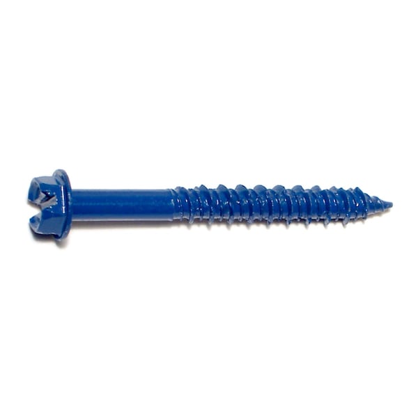 Masonry Screw, 1/4" Dia., Hex, 2 1/4 in L, Steel Blue Ruspert, 100 PK
